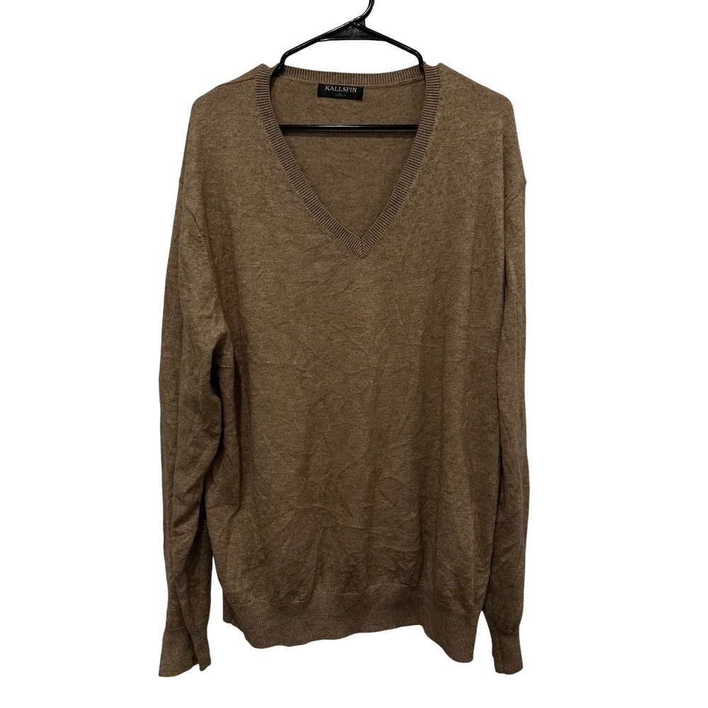 Kallspin Mens XL V-Neck Wool Blend Sweater Light Brown Long Sleeve Pullover